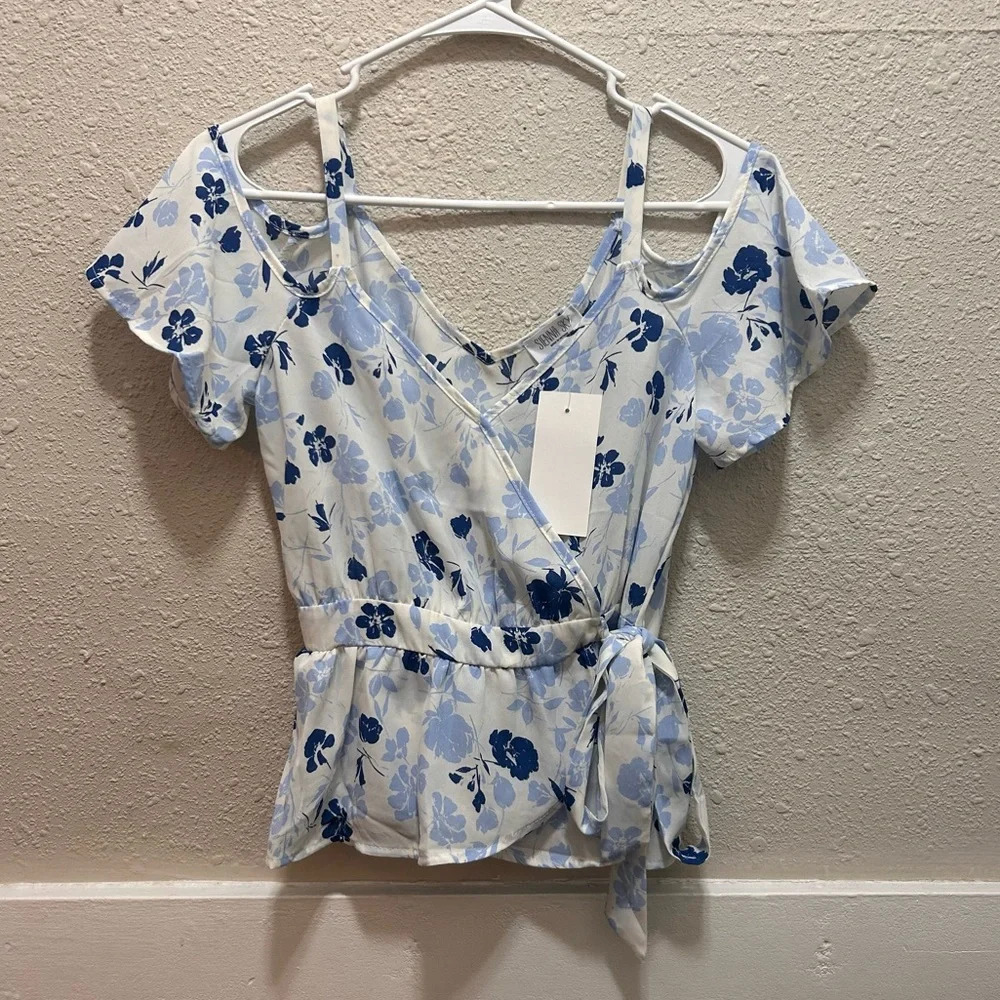 Sienna Sky Cold Shoulder Faux Wrap White and Blue Floral Top